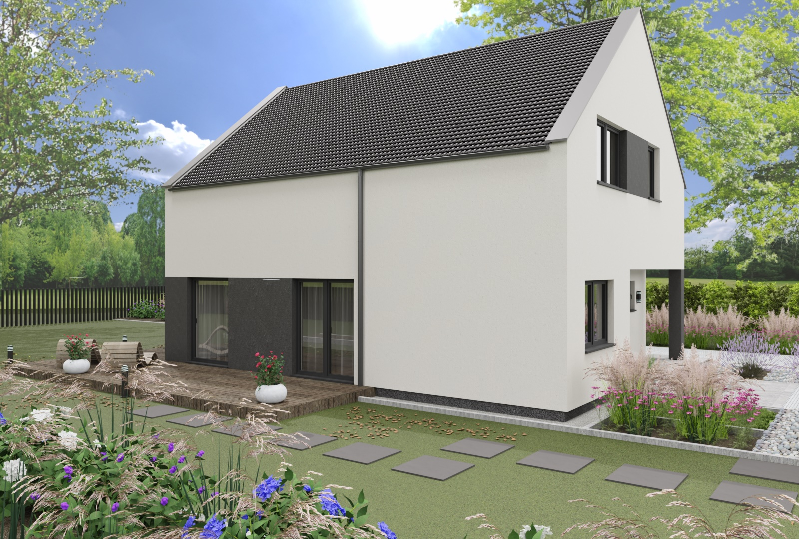 Przestronny dom prefabrykowany z minimalistycznym wnętrzem i pięknym ogrodem